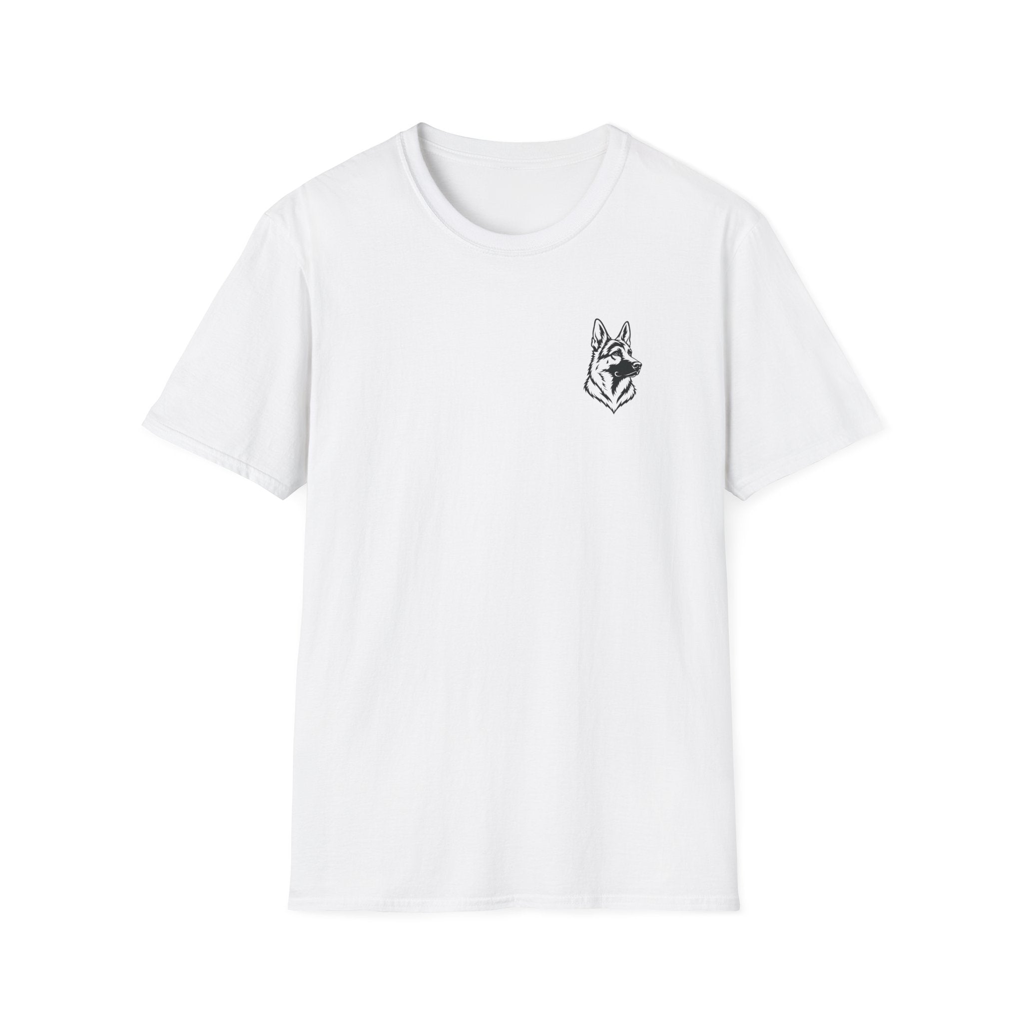 German Shepherd Minimalist Pocket T-Shirt — Small Inked Dog Head Tee