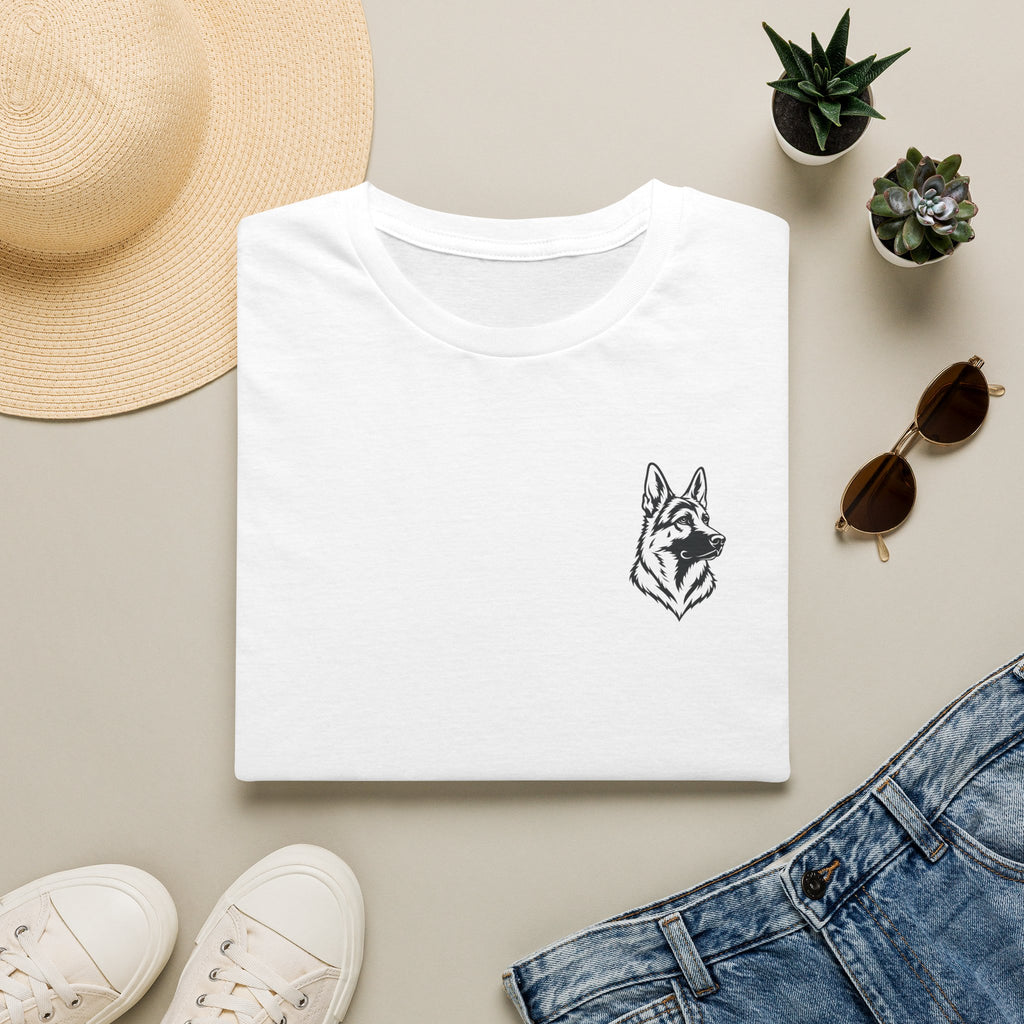 German Shepherd Minimalist Pocket T-Shirt — Small Inked Dog Head Tee