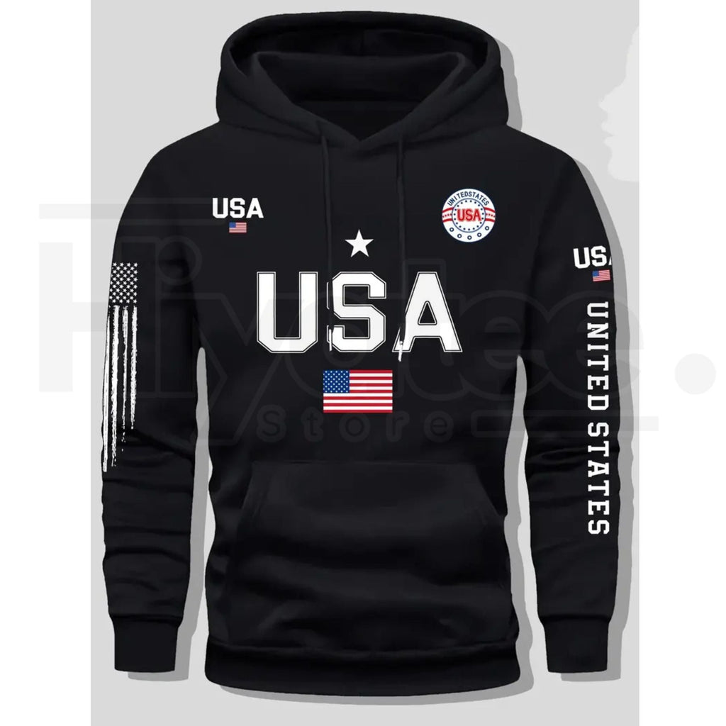 USA Flag Print Men’s Fleece Hoodie – United States Letter Print Unisex Knit Pullover for Couples & Students, 2026 Spring Fashion
