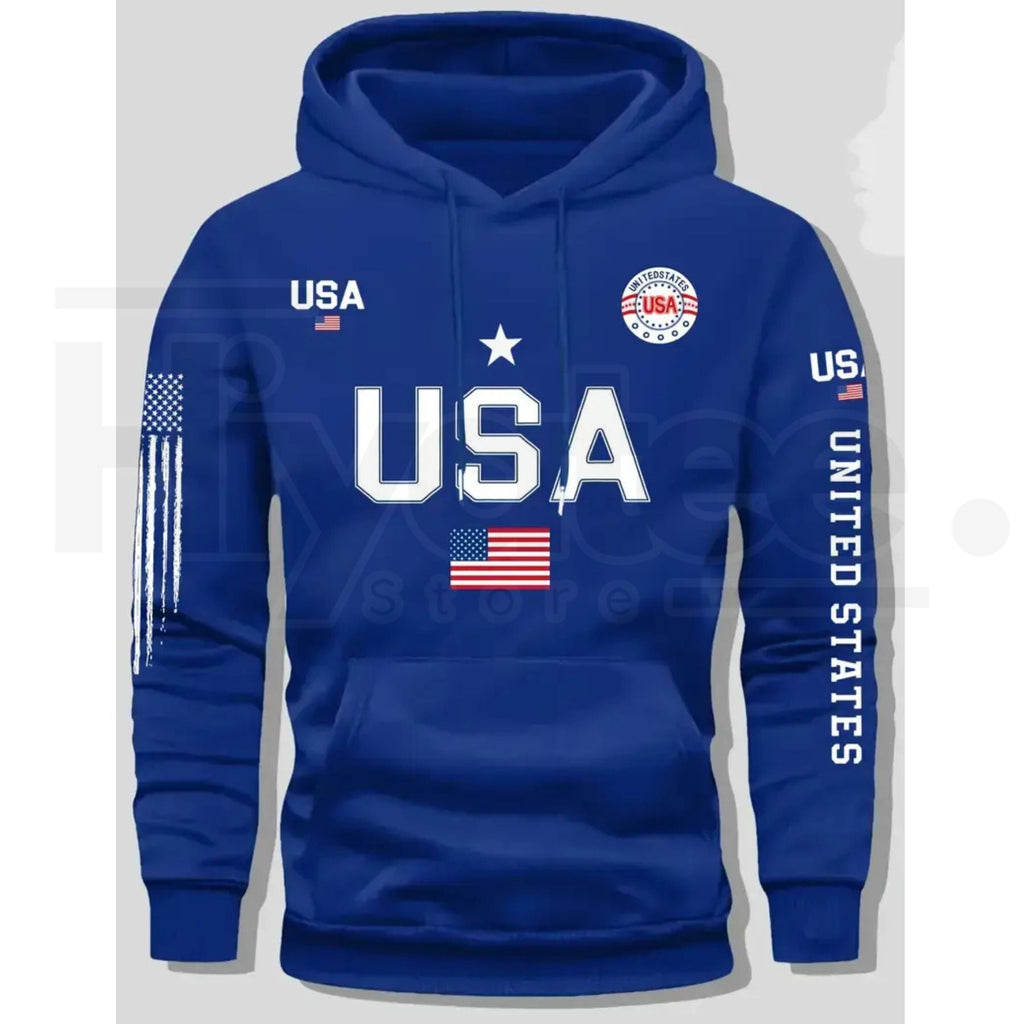 USA Flag Print Men’s Fleece Hoodie – United States Letter Print Unisex Knit Pullover for Couples & Students, 2026 Spring Fashion