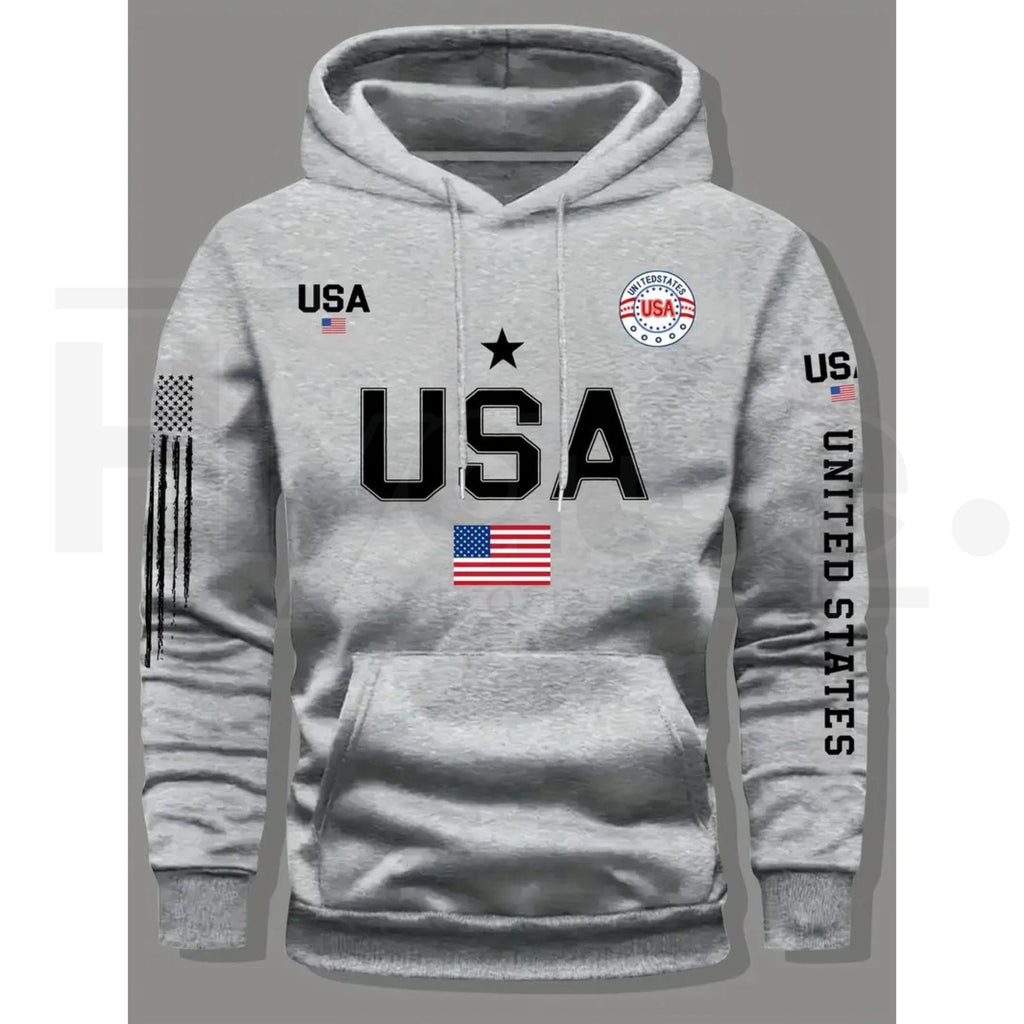 USA Flag Print Men’s Fleece Hoodie – United States Letter Print Unisex Knit Pullover for Couples & Students, 2026 Spring Fashion