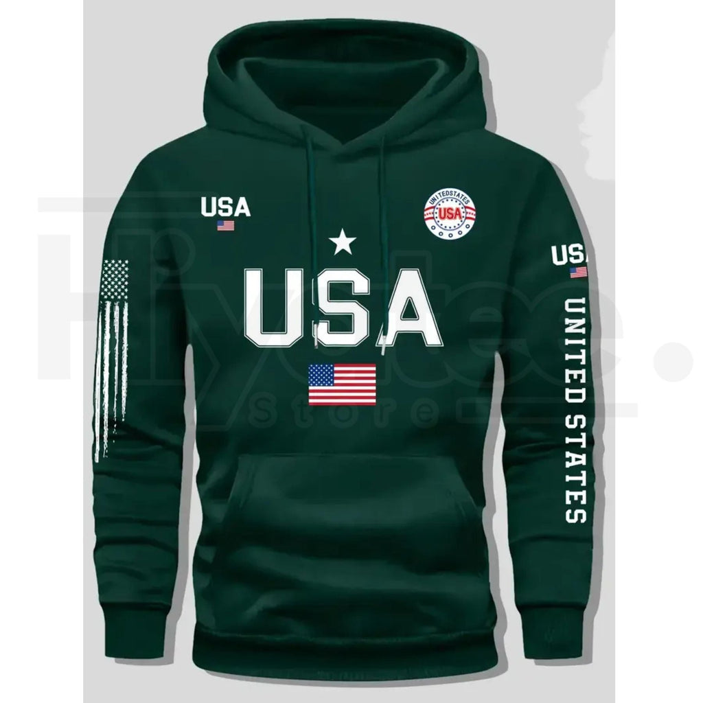 USA Flag Print Men’s Fleece Hoodie – United States Letter Print Unisex Knit Pullover for Couples & Students, 2026 Spring Fashion