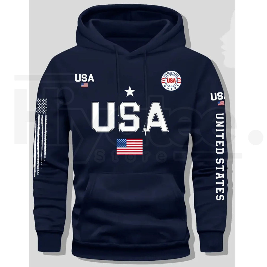 USA Flag Print Men’s Fleece Hoodie – United States Letter Print Unisex Knit Pullover for Couples & Students, 2026 Spring Fashion