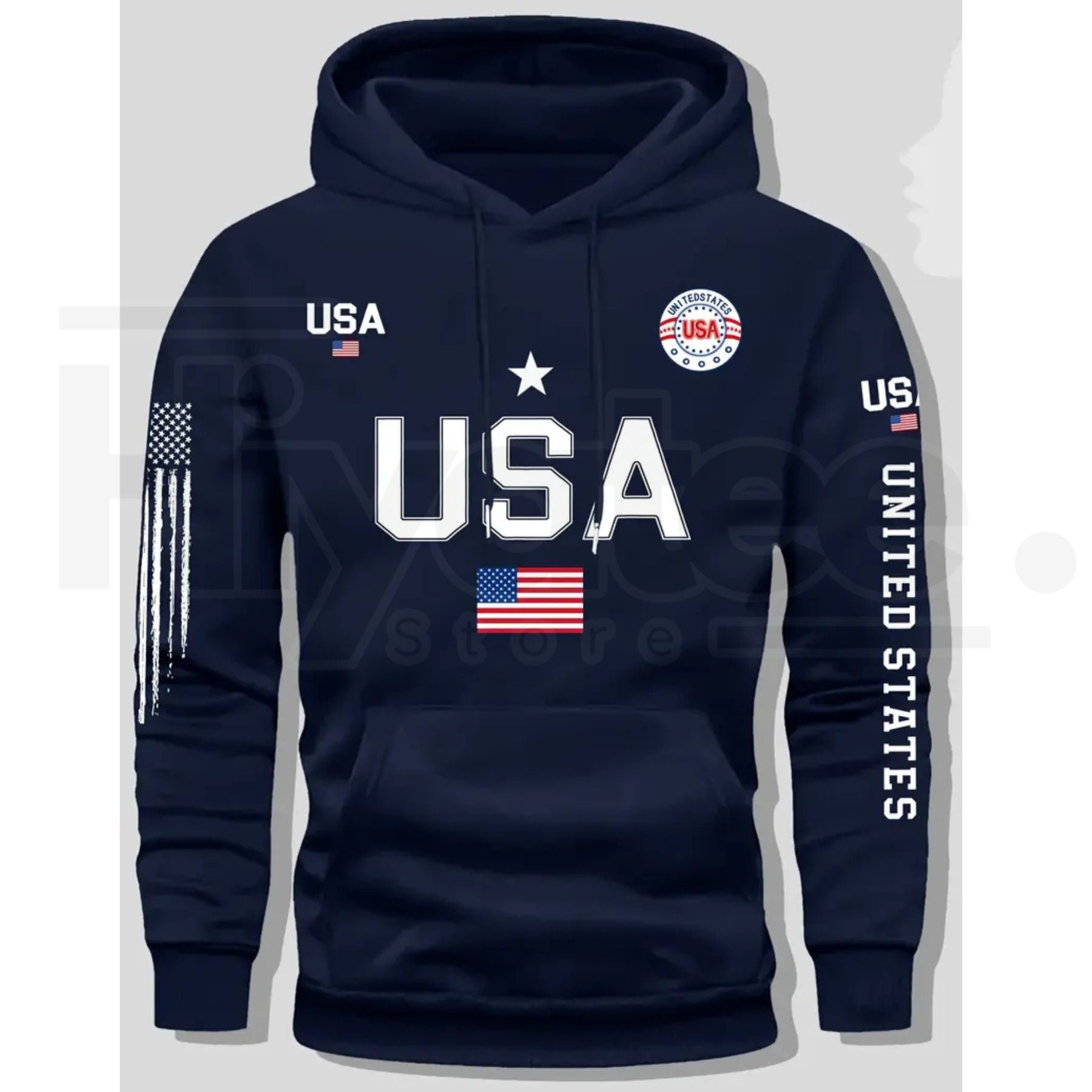 USA Flag Print Men’s Fleece Hoodie – United States Letter Print Unisex Knit Pullover for Couples & Students, 2026 Spring Fashion