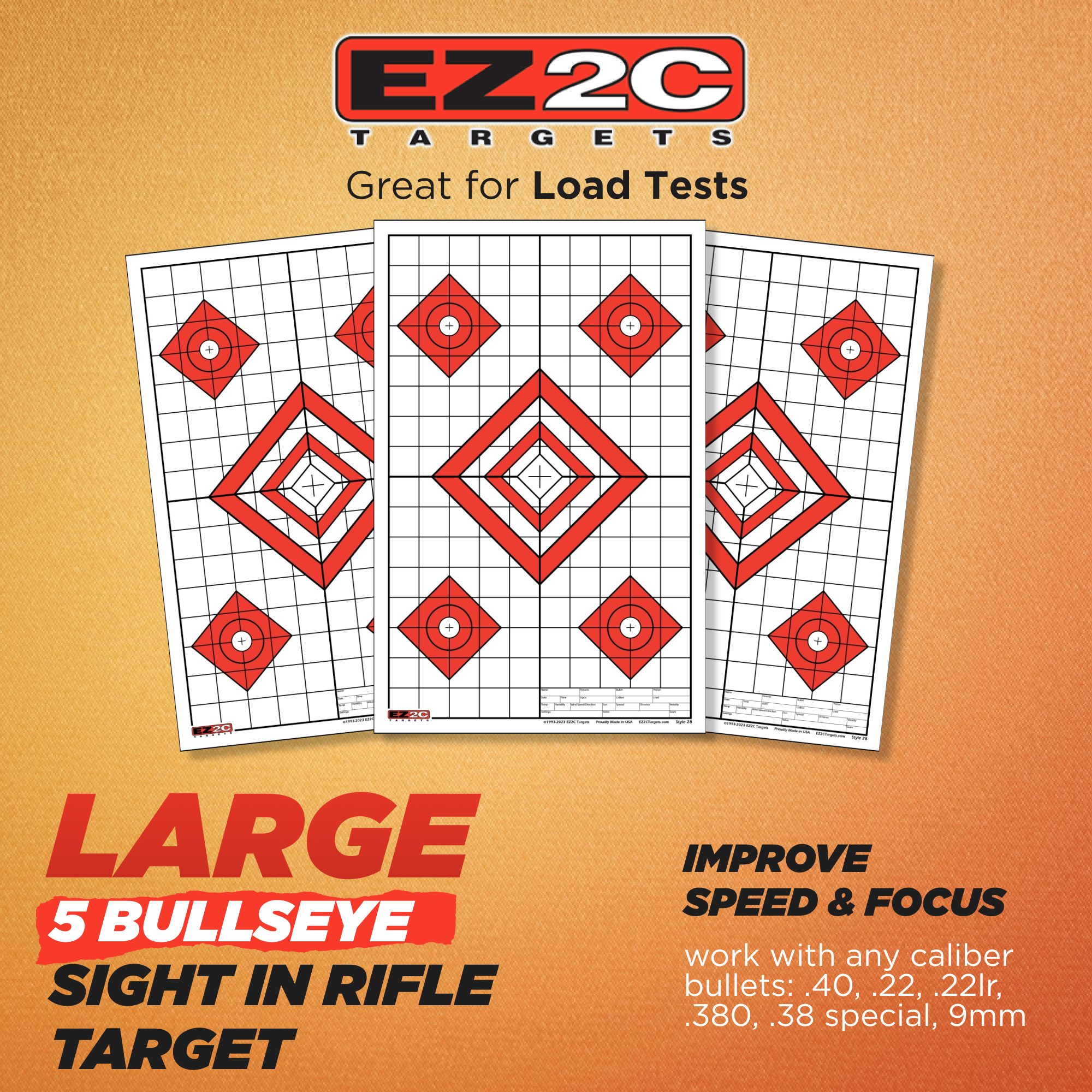 25 EZ2C Targets Style 28: Five Diamonds. Pad of 25 Paper Shooting Targets 11”x17” USA MADE