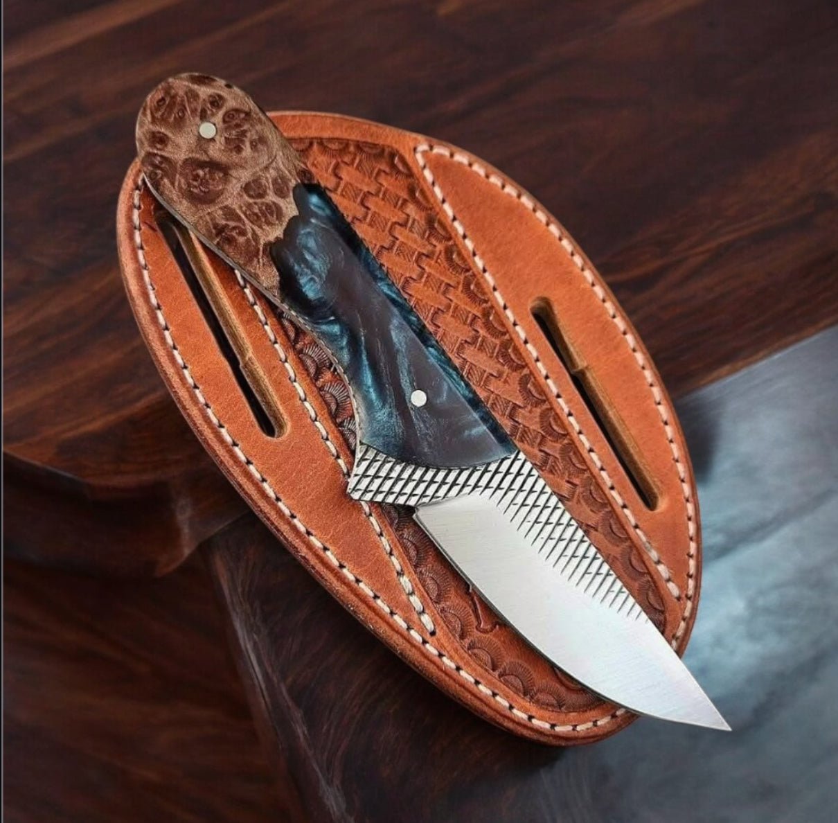 Handcrafted Cowboy Fixed Blade Knife – 9" Rasp Steel Blade with Resin & Wood Handle, Leather Sheath