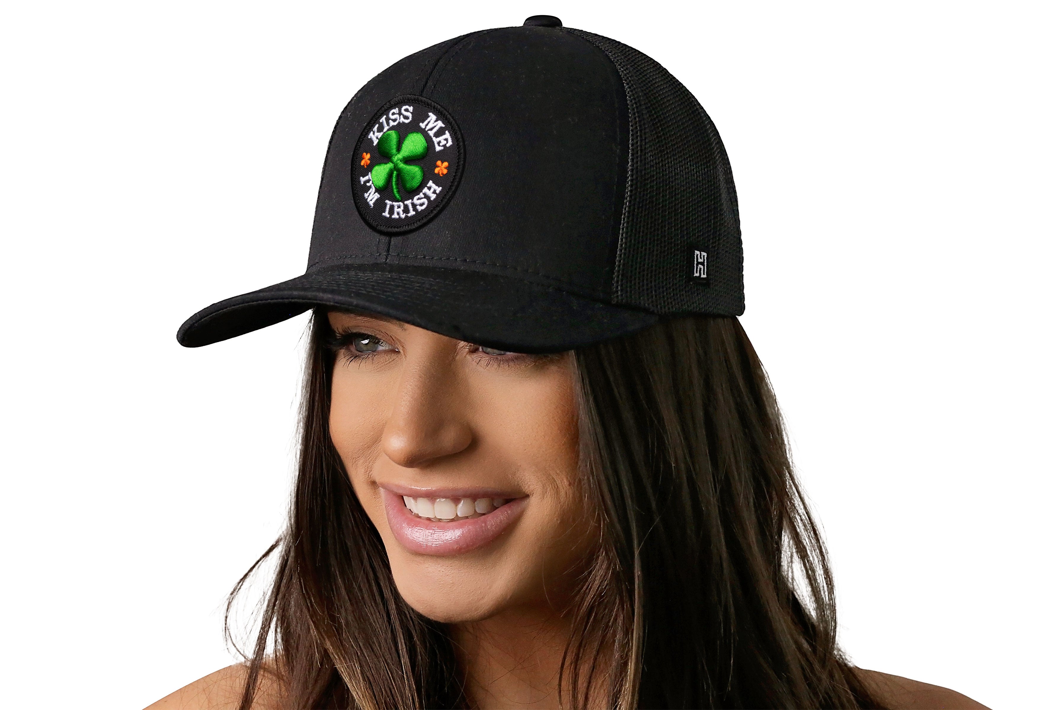 Kiss Me I'm Irish Trucker Hat  |  Black Shamrock Snapback