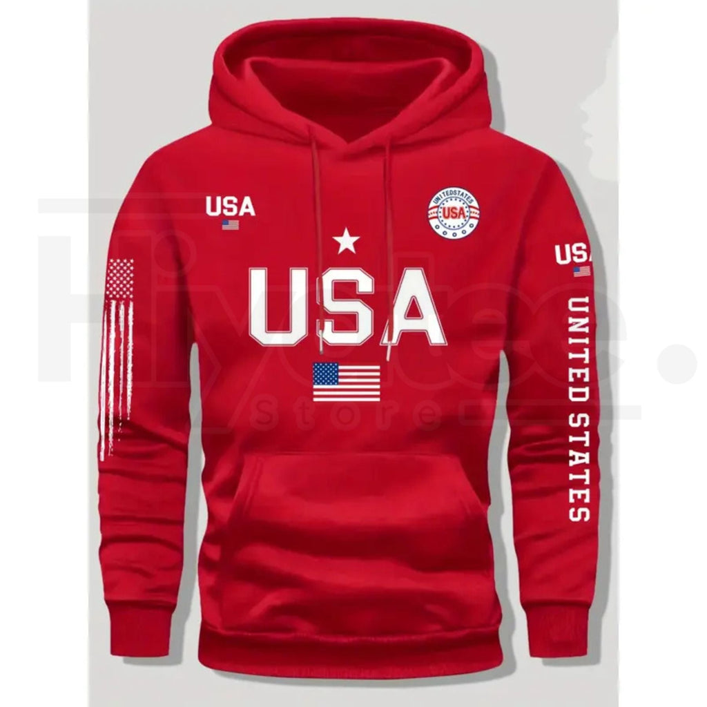 USA Flag Print Men’s Fleece Hoodie – United States Letter Print Unisex Knit Pullover for Couples & Students, 2026 Spring Fashion