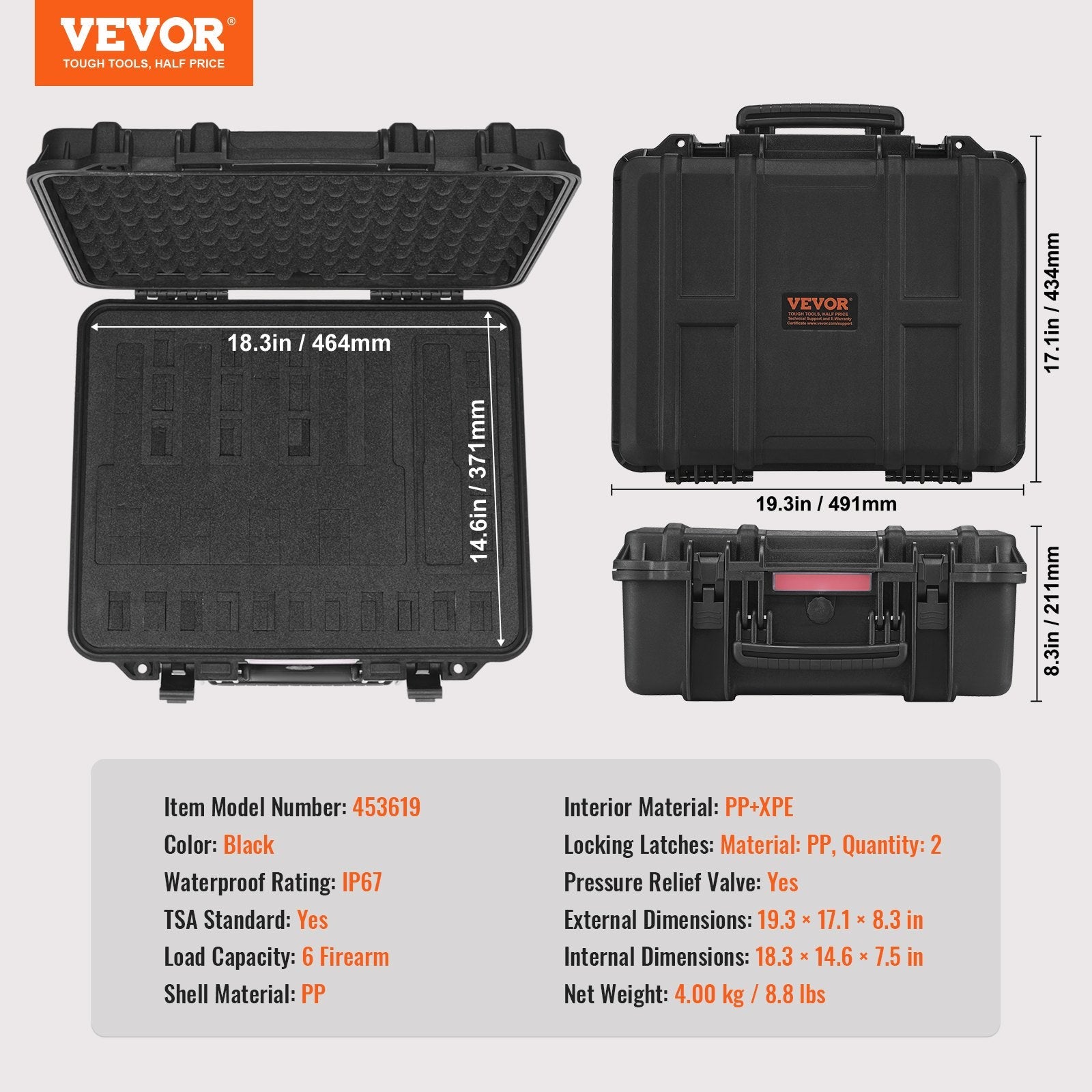 Hard Pistol Cases with Pre-cut Lining, Waterproof & Dustproof Hard Gun Case for 6 Pistol, 19.3×17.1×8.3 in Lockable Pistol Case, Black